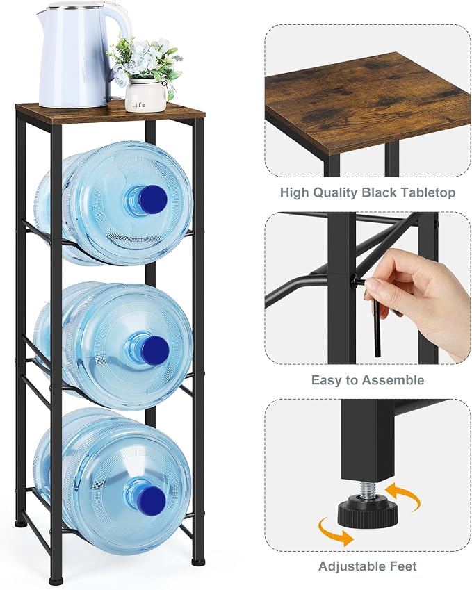 5 Gallon Water Jug Holder 3-Tiers Water Dispenser Stand Rack, Water Bottle Organizer with Storage Shelves for Kitchen Living Room Office, Rustic Brown - Image 3