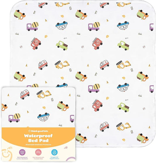 Potty Training Bed Pads for Toddlers Twin-Sized Beds, Tuckable Bed Wetting Pads for Kids, 100% Waterproof Mattress Protector, Non-Slip, Washable Underpads (Truck and Toys Design)
