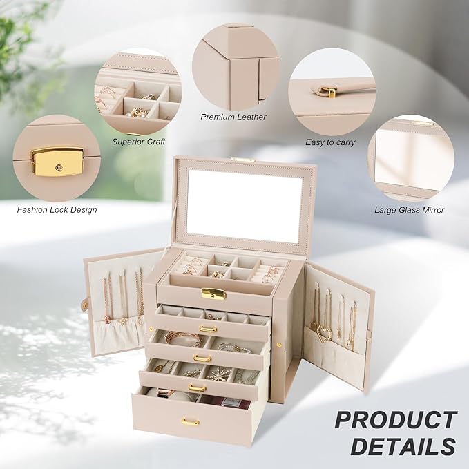 Jewelry Box for Women, 5-Layer Jewelry Organizers Box, Large Jewelry Storage Box for Girls, Jewelry Holder Organizers Gift for Valentine's Day, Christmas (Apricot) - Image 4