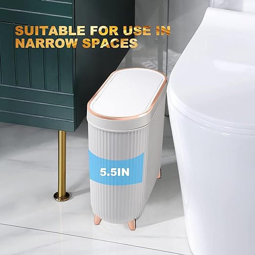 Supteron Bathroom Trash Can with Lid 3.2 Gallon Narrow Trash Can Small Plastic Trash Bin 12 Liter Rectangular Plastic Garbage Can with Press Type Lid for Bedroom Bathroom Milk White - Image 6