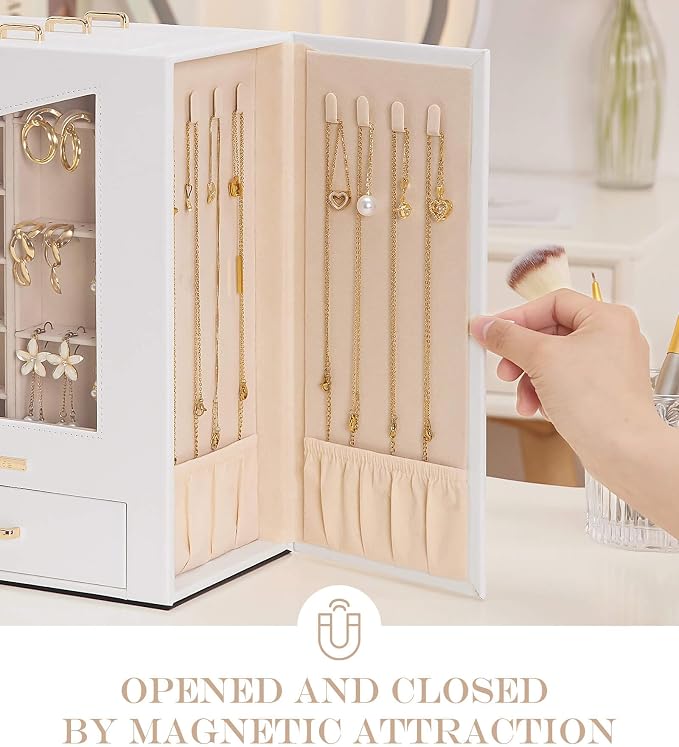 Homde Jewelry Organizer with Transparent Window Necklace Hooks Gift for Women Jewelry Box Display Case for Necklaces Rings Earrings Bracelets and Other Jewelry Accessories (White + Gold) - Image 4