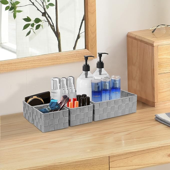 Posprica Drawer Organizer Bins,Woven Strap Storage Box Cube Basket Containers Divider for Organizing drawers, Shelves, Closets, Cabinets, Dressers and Countertops,set of 4, Light Grey - Image 6