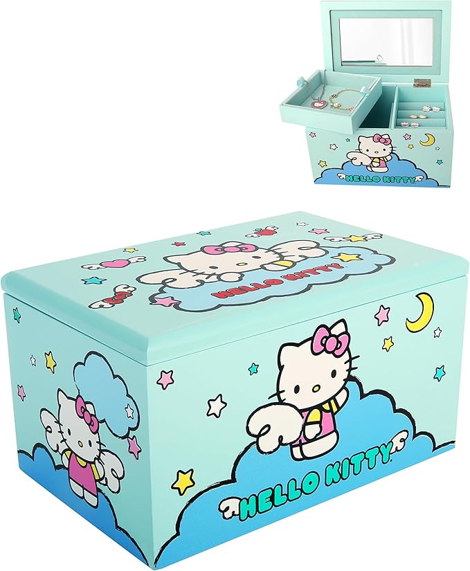 Hello Kitty Jewelry Box with Tray and Storage Official License, Blue Jewelry Box, Wood Jewelry Organizer, Sanrio Gifts (Blue) by SANRIO