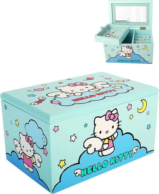 Hello Kitty Jewelry Box with Tray and Storage Official License, Blue Jewelry Box, Wood Jewelry Organizer, Sanrio Gifts (Blue) by SANRIO