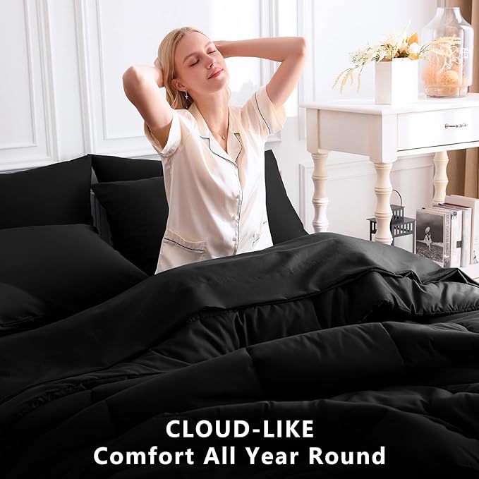 CozyLux Twin Comforter Set with Sheets Black, 5 Pieces Bed in a Bag, Black Comforter Twin Size, All Season Bedding Set with Stitch Quilted Comforter, Flat Sheet, Fitted Sheet, Pillowcases