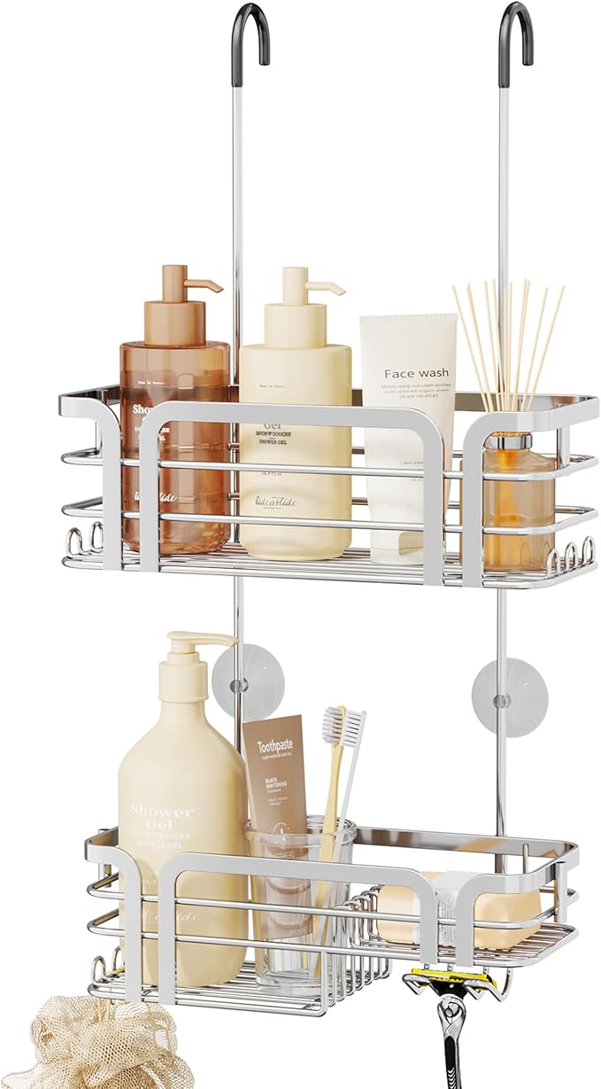 SWTYMIKI Shower Caddy Hanging Organizer - Over the Door Shower Caddy with Soap Holder, 11 Hooks, 2 Installation Ways, Stainless Steel Rustproof Bathroom Organizer, Silver by SwtyMiki-TidyHomeSweetLife
