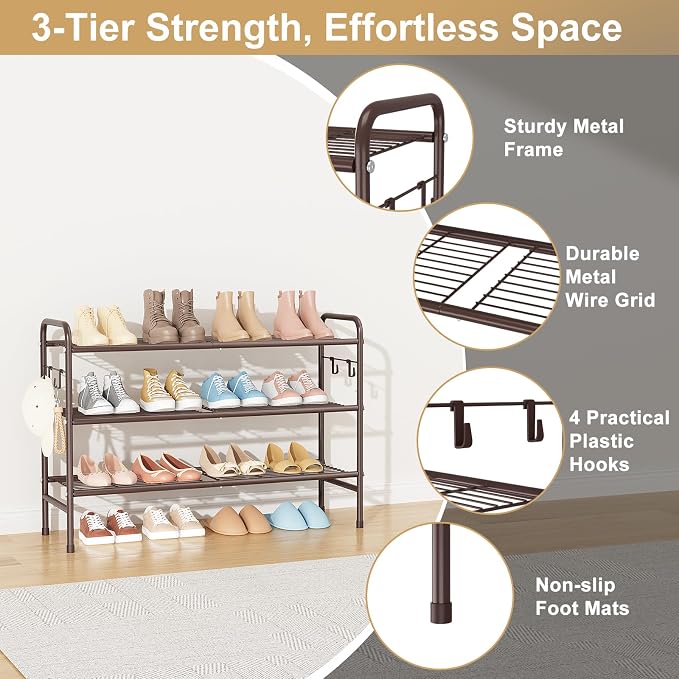 VILICK 3 Tier Shoe Rack 33" Wide Metal Shoe Organizer Long Shoe Storage with 4 Side Hooks Sturdy Shoes Shelf for Front Door Entrance, Closet, Garage, Dorm, Brown - Image 4