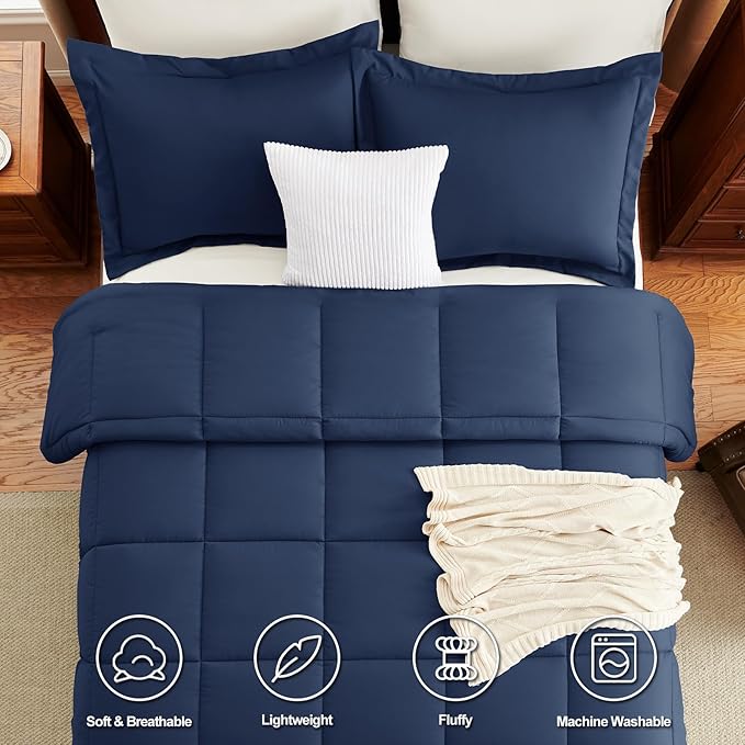 CozyLux King Comforter Set - Navy Blue Comforter King Size, 3 Pieces Box Stitched Bed Set for All Seasons, Soft Lightweight Bedding Sets with 1 Down Alternative Comforter and 2 Pillow Shams