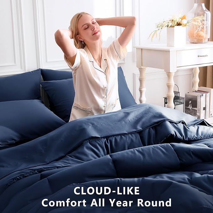 CozyLux Oversized Queen Comforter Sets Navy Blue, 7 Pieces Bed in a Bag, Ultra-Soft All Season Bedding Sets with Stitch Quilted Comforter, Flat Sheet, Fitted Sheet, Pillowcases