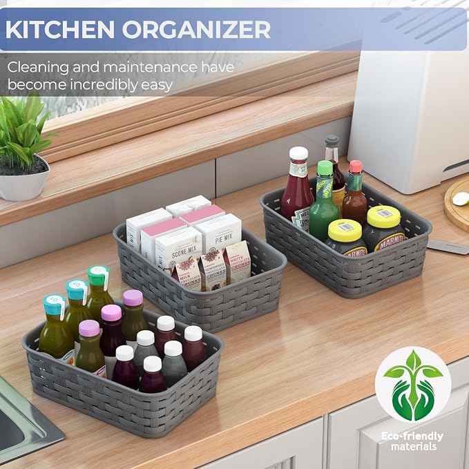 3 Pack Small Plastic Basket, Storage Bin Baskets for Organizing, Pantry Organizer Household Wicker Storage for Laundry Room, Bedrooms, Kitchens, Cabinets, Countertops, Dark Gray - Image 4