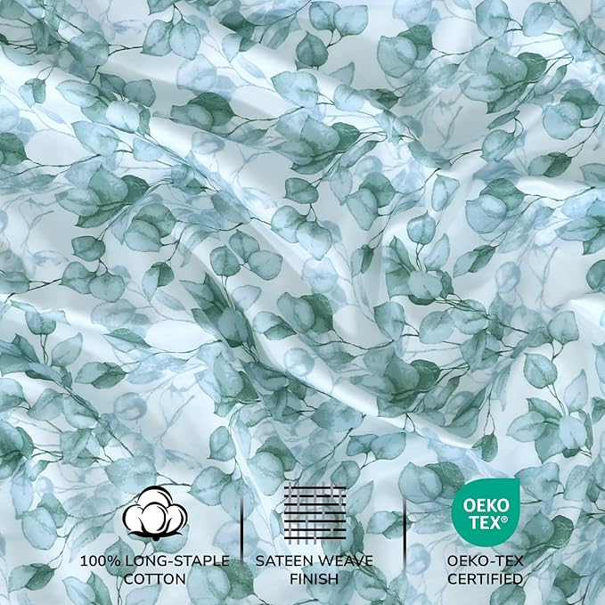 Feather & Stitch Printed 500 TC Full Size 4pc Damask Bed Sheet Set, 100% Soft Cotton Breathable Bedsheets, 18" Deep Pockets Sateen Weave Striped Bedding Mattress Resort Hotel Luxury Decor - Green Leaf