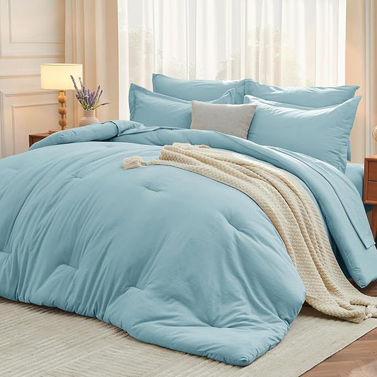 MUXHOMO 7 Pieces California King Comforter Set, Soft Bed in a Bag Cal King Size, All Season Bedding Set with Comforter, Flat Sheet, Fitted Sheet, Pillowcases & Shams, Lake Blue
