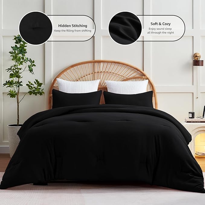 CozyLux Oversized King Comforter Set Black, 3 Pieces 120x98 Solid Breathable Quilted Bedding Sets for All Seasons, Luxury Soft Lightweight Bed Set with Down Alternative Comforter and 2 Pillowcases