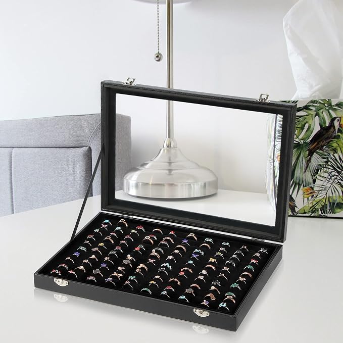 Siveit Ring Display Case Organizer Box with Transparent Lid, Ring Holder Showcase For Store Display Jewelry Show Home, Ring Organizer For Jewelry Rings, Studs Earrings (100 Slot, Black) - Image 5