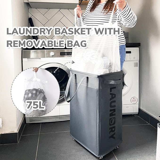 CHICVITA Rolling Laundry Basket with Wheels,75L Large Collapsible Laundry Hamper with Removable Wash Bag Space for Corner Dorms, Grey - Image 4