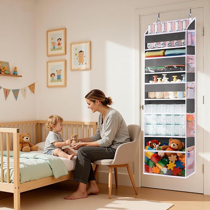 5 Tiers Over Door Organizer with 10 Mesh Side Pockets, 44 lbs Weight Capacity Hanging Storage Organizer with Clear Window Kids Toys, Shoes, Diapers, Dark Gray - Image 5