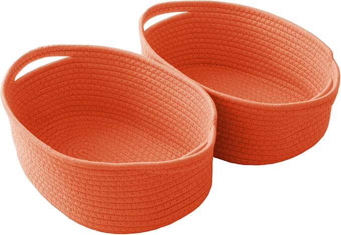 JMvicyroam Woven Basket,Small Rope Storage Bin with Handles & Ribbon Bag, Organizer for Shelves Closets,Gift Basket Empty for Birthday,Books,Dog Toys, Orange/2 Pack by JMvicyroam