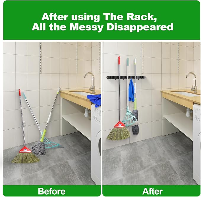 voze [2 Pack] 5 Racks and 4 Hooks Mop and Broom Holder Wall Mount, Self Adhesive Heavy Duty Broom Organizer Storage Tool Racks for Kitchen Garden Laundry Garage Black - Image 4