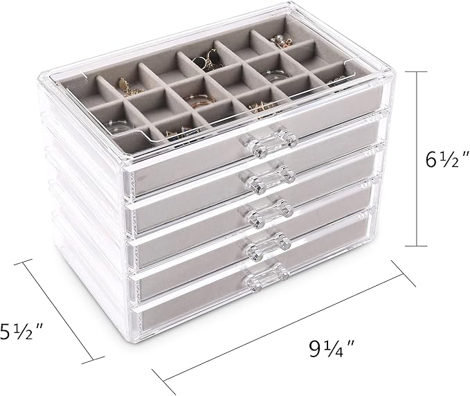 Frebeauty Acrylic Jewelry Organizer Earring Organizer Box with 5 Drawers Earring Holder Organizer with Velvet Trays Clear Jewelry Box for Women Earring Display for Rings Studs(Grey) - Image 2