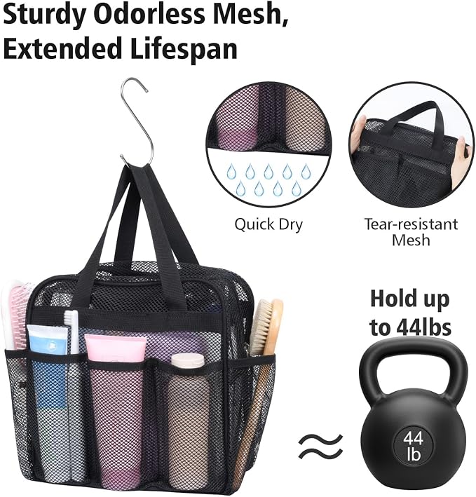 F-color Mesh Shower Caddy Portable with Zipper - Upgrade Deeper 7 Pockets Dorm Room Essentials for Guys Girls with S Hook, Shower Bag Basket Tote for College Camping Toiletry Bathroom, Black - Image 6