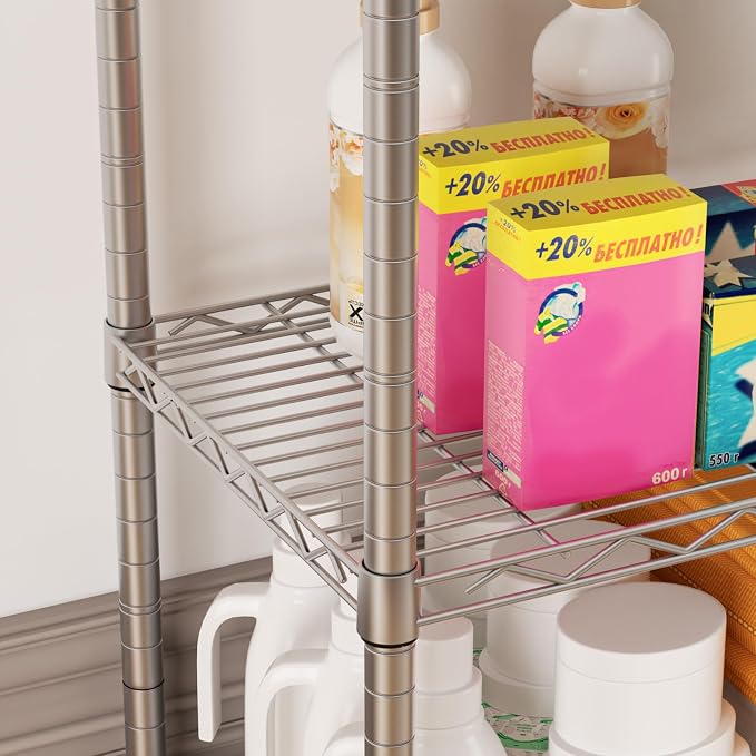 SINGAYE 5 Shelf Storage Wire Shelves Closet Bathroom Organizers Metal Pantry Kitchen Garage Shelving Unit Laundry Room Organization Home Narrow Rack Net Basket with Wheels Silver - Image 4
