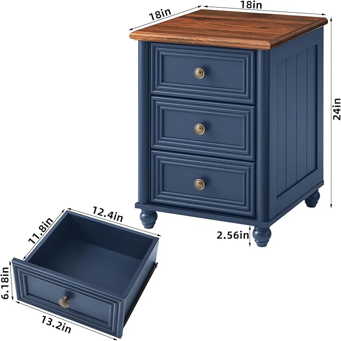 RWYHG 18" Farmhouse Night Stand, Blue Wood Nightstand with 3 Drawers, Bedside End Table with Storage and Roman Column, Bed Side Tables Cabinet for Bedroom, Living Room, and Closet