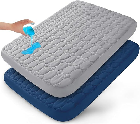 Pack and Play Sheets Fitted Quilted Waterproof Protector, 2 Pack Playard Mattress Pad Compatible with Graco Pack n Play, Mattress Cover fits for Baby Playpen Mattress, Mini Crib, Gray & Navy Blue