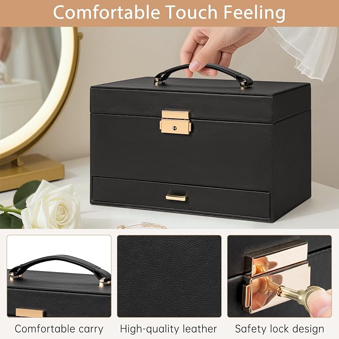 AKOZLIN Travel Jewelry Box Organizer Functional 2-trays Leather Jewelry Storage Case with Lockable Portable Drawer for Women Girls Ring Necklace Earring Bracelet - Image 6