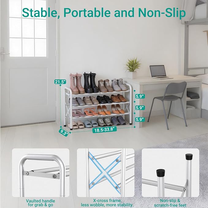YEASHEIN 3-Tier Expandable Shoe Rack for Closet Floor, X-Frame Metal Small Shoe Rack for Entryway, Adjustable Shoe Shelf Organizer, Free Standing Shoe Racks for Front Door Entrance, Garage - White - Image 4