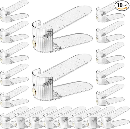 Adjustable Slot Organizer for Pairs of Shoes, Space Saver, Double Deck Riser Rack, Closet Organizer (Clear, 20 Pack) by Puresprout