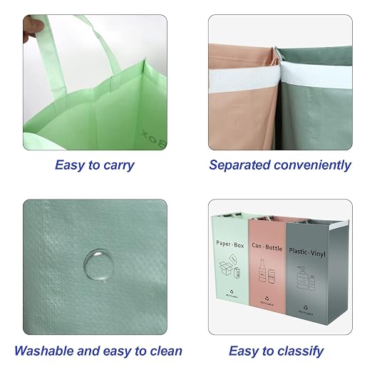JIALAI HOME Separate Recycling Bin for Kitchen Home - Indoor Recycle Bins (Pink, Green, Gray) Waste Trash Sorting Bins, Reusable Waterproof Affordable Recycle Bags, Pack of 3 Bags - Image 5