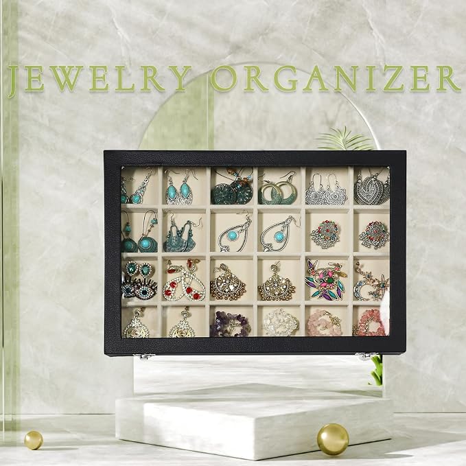 Stratalife Jewelry Tray 24 Grid Earring Organizer with Clear Lid Jewelry Holder Organizer Jewelry Organizer Box Jewelry Storage Crystal Holder For Stones Display (Beige Black) - Image 4