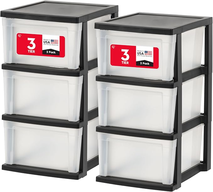 IRIS USA Plastic Drawer Storage Organizer, 3-Drawers, 2-Pack, for Classroom Art Craft Supplies, Bathroom Bedroom, Laundry Room, Black/Clear by IRISUSA