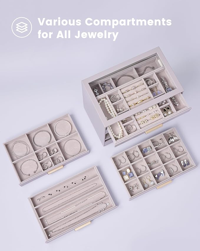 Lolalet Jewelry Box Organizer, 6-Layer Jewelry Organizers and Storage Case with Glass Lid, Ring Earring Bracelet Necklace Holder Organizer, Birthday Valentine Gifts for Women Girls -6Layer, HazePurple - Image 3