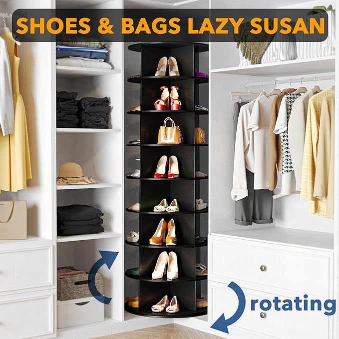 SpaceAid 8 Tier Rotating Shoe Rack Tower, Spinning Shoe Display Lazy Susan, Revolving 360 Shoe Rack Storage Round Carousel, Vertical Handbag Rotate Shoes Closet Organization (8-Tier Black) - Image 4