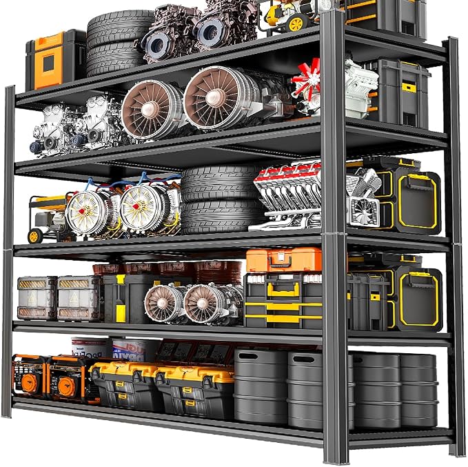 48" W Garage Shelving,5 Tier Heavy Duty Shelving,Garage Storage Shelves, 3300 lbs Capacity, Industrial Shelves for Heavy Tools and Equipment, Ideal for Garage, Basement, Black by FlyDzrewtGarageShelving