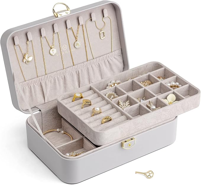VLANDO Jewelry Boxes for Women,2 Layers Jewelry Box with Lock,Birthday Gifts for Women Girls,Jewelry Organizers for Earrings Necklace,Rings Storage Grey by VLANDO