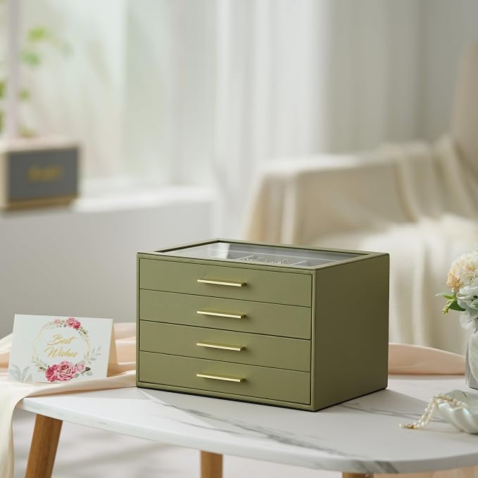 Jewelry Box Organizer Case for Women: 4-Layer Jewelry Storage Case with Glass Window, Olive Green Leather with Cream Velvet, Holder for Ring Necklace Bracelet Brooch Watch, Great Gift for Her - Image 6