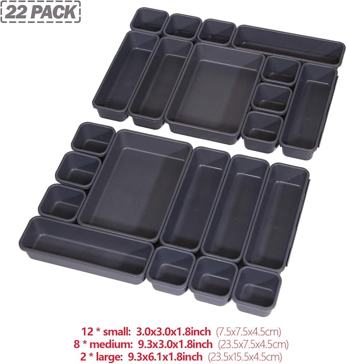 Set of 22 Interlocking Desk Drawer Organizer Tray Dividers Plastic Shallow Narrow Drawers Organizers Separators and Storage Bins Container for Kitchen Bathroom Makeup Office Vanity Bedroom Dresser - Image 2