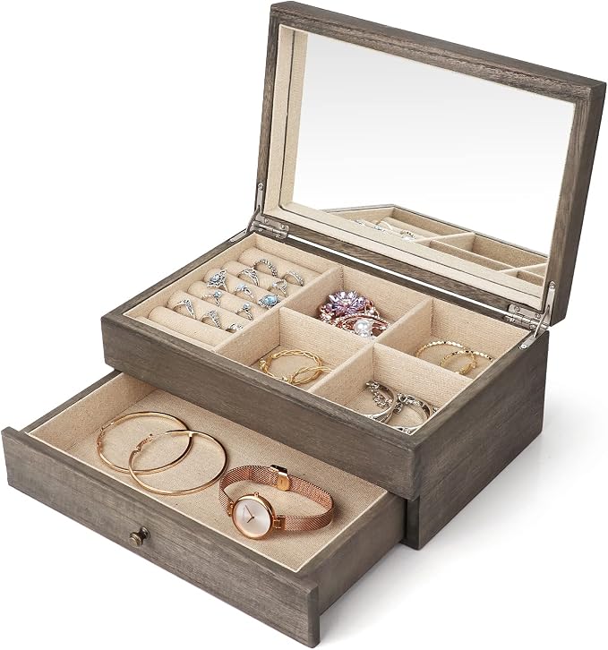 Meangood Jewelry Box Organizer for Women, 2 Layer Large Jewelry Storage Case, Rustic Wooden Jewelry Box with Mirror & Ring Tray for Necklace Earring Bracelets Rings, Vintage Style (Weathered Grey) by Meangood