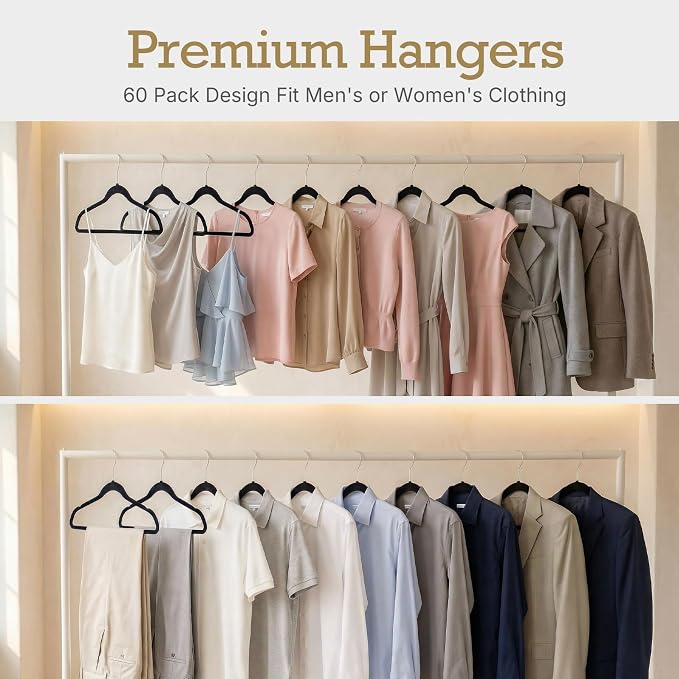HOUSE DAY Black Velvet Hangers 60 Pack, Non Slip Clothes Felt Hanger Heavy Duty for Coat, Premium Slim Space Saving Suit Hangers for Closet Organizer, 360° Rotating Silver Hook - Image 7