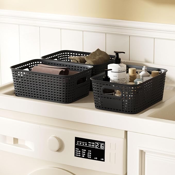 6Pcs Storage Bins with Lids, Stackable Plastic Storage Basket with Bamboo Lid, Pantry Organizer Box Small Containers for Organizing Shelves Drawer Desktop Closet Cabinet Office Classroom 10x7.1x4.1in - Image 4
