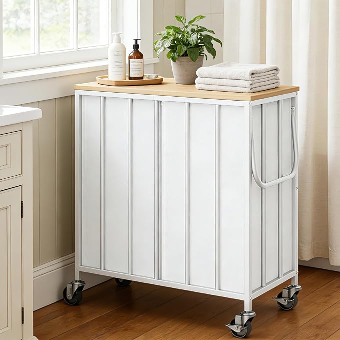 120L Laundry Hamper with Wheels and Lid, Rolling Laundry Basket with Dual Removable Liners, Soft-Close Flip-Top Wooden Lid, Metal Handles, Clothes Organizer for Bedroom and Laundry Room by Heeytilly