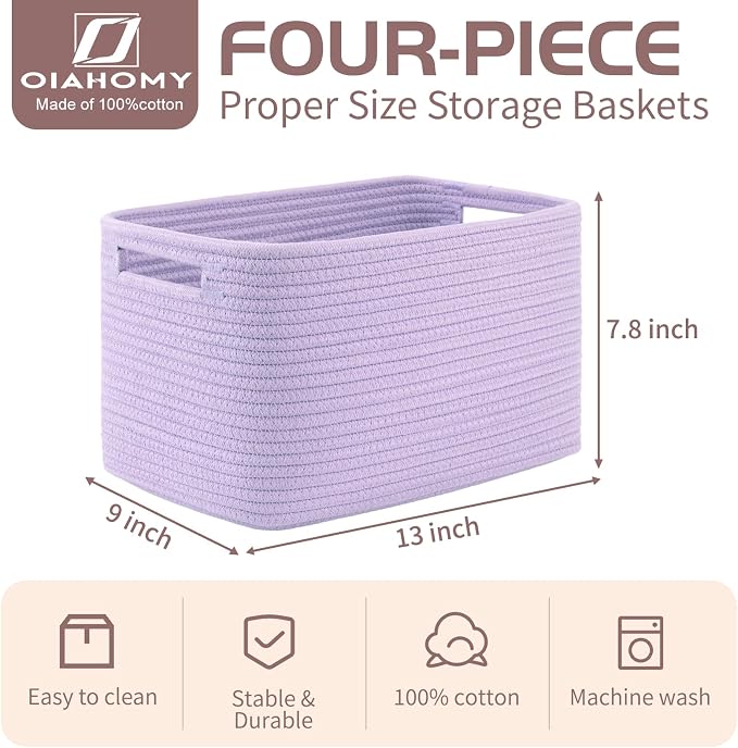 OIAHOMY 4 Pack Storage Baskets for Organizing, Cube Storage Bins for Shelves, Rectangle Storage Baskets With Handles, Woven Baskets for Storage, 12.7''Lx9''Wx7.8''H, Purple - Image 2