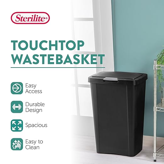 Sterilite 13 Gallon TouchTop Narrow Plastic Wastebasket with Secure Titanium Latch for Kitchen, Bathroom, and Office Use, Black (12 Pack) - Image 2