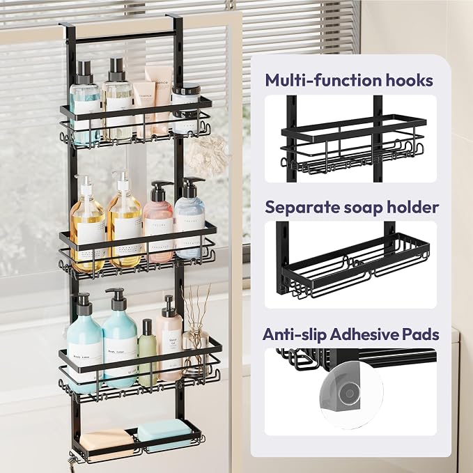 SWTYMIKI Over The Door Shower Caddy - 4 Tier Rustproof Hanging Shower Organizer with Adjustable Shelves, 40 Hooks & Soap Holder, Hanging Shower Rack Storage for Bathroom Accessories, Black - Image 3