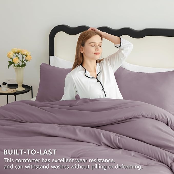 CozyLux King Size Comforter Set Dusty Purple, 3 Pieces Solid Comforters King Size Breathable Bedding Sets, Grayish Purple Luxury Lightweight Bed Set with Down Alternative Comforter and 2 Pillowcases