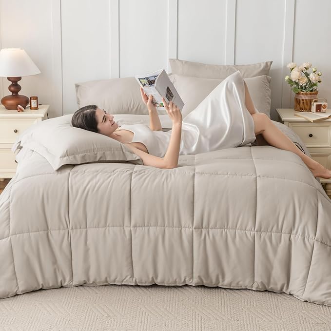 JOLLYVOGUE Queen Comforter Set, Ultra-Soft Bed in a Bag Queen Size 7 Pieces, Oeko-TEX Certified Bedding Set with Down Alternative Comforter, Sheets, Pillowcases & Shams, Oatmeal