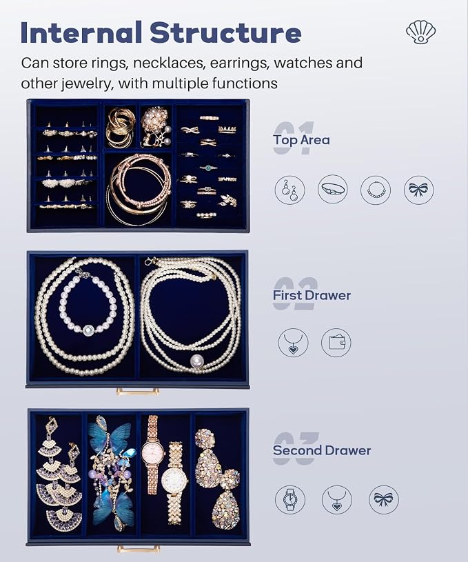 Enthralite Jewelry Box with 2 Drawers: Display Organizer for Earrings Necklaces - Gifts for Girls Women (Dark Blue) - Image 5