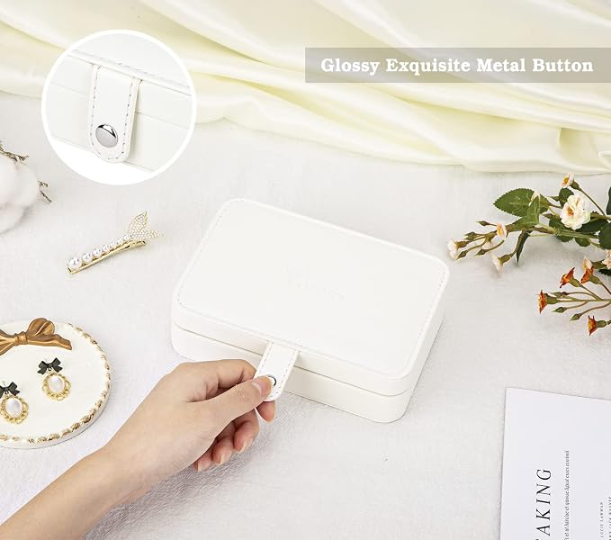 Voova Jewelry Box Organizer for Women Girls, 2 Layer Large Men Jewelry Storage Case, PU Leather Display Jewellery Holder with Removable Tray for Necklace Earrings Rings Bracelets (White, Small) - Image 6